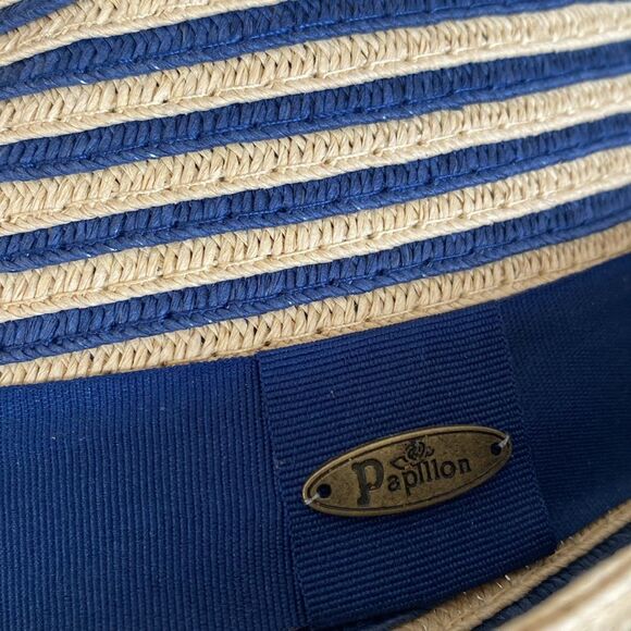 Papillon Panama Style Hat Blue and Straw Colored Stripes 100% Recycled - Picture 7 of 10